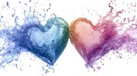 Colorful blue and pink heart shapes formed by liquid splashes and paint explosions on white background, romantic artistic concept for valentines and love.