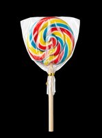 Colorful spiral lollipop with red, yellow, and blue swirls, wrapped in clear cellophane with wooden stick. Isolated on transparent background, ready for clipart, t-shirt design, stickers, and print-on-demand products.