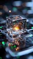 Glowing transparent cube with magical sparkles on futuristic circuit board surface, green and orange bokeh lights creating mystical atmosphere.