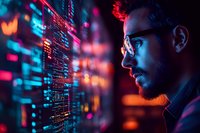 Young male programmer in glasses looking at glowing computer code display with neon pink and blue cyberpunk lighting, side view portrait showing focused concentration.