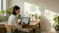 Young professional woman working on laptop with sustainability icons and green plants in bright modern home office workspace promoting eco-friendly business practices.