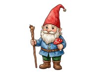 Garden gnome with red pointed hat, white beard, blue jacket, holding wooden staff and red mushroom, isolated on white background for design projects.
