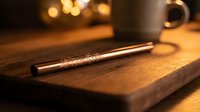 Elegant fountain pen resting on wooden desk surface with warm ambient lighting creating cozy workspace atmosphere for writing and business tasks.