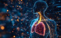 Glowing anatomical visualization of human respiratory system with highlighted lungs and spine against dark background with digital particles and bokeh effect.