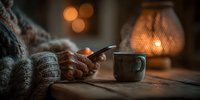 Cozy evening scene with hands in knitted sweater holding smartphone near steaming coffee mug, warm ambient lighting creating comfortable atmosphere for relaxation.