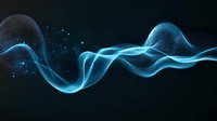Glowing blue particle wave effect on dark background, flowing dynamic light stream with sparkles creating abstract futuristic motion design element.