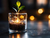 Young green plant sprout growing in glass with soil on dark background with golden bokeh lights, symbolizing growth, hope and new beginnings.
