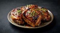 Glazed chicken thighs with sesame seeds and herbs on ceramic plate against dark background for culinary marketing and restaurant menu design.