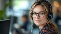 Professional blonde woman with glasses wearing headset working at computer in modern office environment for customer service and remote work.