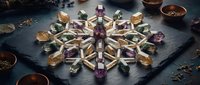 Sacred geometry crystal grid with healing stones amethyst citrine arranged in flower of life pattern on dark slate surface for meditation energy work.