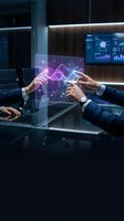 Business professionals interacting with a glowing holographic data display above a glass table in a modern corporate boardroom.