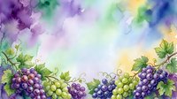Watercolor grape clusters with green leaves creating decorative border frame on colorful purple blue background for wine vineyard harvest themes.