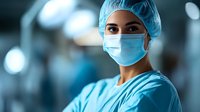 Female surgeon in blue scrubs and surgical mask looking confidently at camera in modern operating room with blurred medical equipment background.