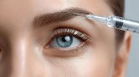 Caucasian woman receiving eyebrow microblading procedure with syringe, showing close-up of blue eye and perfectly shaped brow during cosmetic treatment.