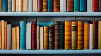 Vintage hardcover books arranged on wooden shelves in library showcase various colors from turquoise to burgundy and orange spines creating nostalgic academic atmosphere.