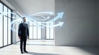 Confident businessman in dark suit standing in modern office with glowing blue arrows pointing forward, symbolizing growth and success.