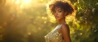 Young African American woman with natural curly hair in golden sunlight wearing floral dress, backlit by warm sunset glow among green foliage, romantic portrait.