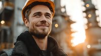 Smiling young Caucasian construction worker in orange hard hat and hoodie at industrial site during golden hour sunset with warm lighting and bokeh background.