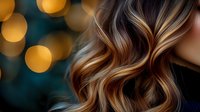 Luxurious wavy blonde and caramel balayage hair close-up on dark background with golden bokeh lights creating magical atmosphere for beauty salon advertising.