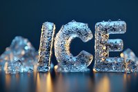 Frozen word ICE made of transparent crystal with water droplets on dark blue background, illuminated with warm light.