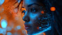 Young woman profile with glowing digital pattern projection on face in orange and blue neon lights, representing artificial intelligence and future technology.