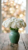 White ranunculus flowers in green ceramic vase on rustic wooden table with soft bokeh lights background for home decor and floral arrangements.