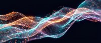 Abstract digital wave with glowing particles and colorful light effects on dark background for technology and data visualization projects.