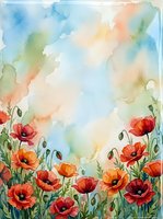 Watercolor poppy flowers border with soft pastel sky background for spring greeting cards, wedding invitations and botanical design projects.