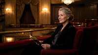 Elegant mature Caucasian businesswoman conductor with baton in luxurious concert hall with golden lighting and red velvet seats for classical music performances.