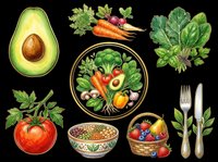 Healthy eating ingredients set with fresh vegetables, fruits, grains and utensils isolated on transparent background. Ready for t-shirt design, clipart, stickers, print-on-demand products and sublimation projects.