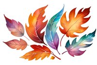 Vibrant watercolor autumn leaves in orange, turquoise and purple shades arranged in artistic composition on white background, isolated design element.