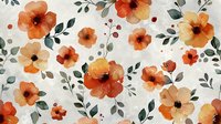Delicate watercolor floral pattern with orange poppies and green leaves scattered on white background, seamless repeat design for fabric and wallpaper.