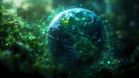 Glowing planet Earth surrounded by luminous green particles and network connections in dark space, depicting global digital transformation and connectivity.