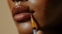 Close up of African American woman receiving lip filler injection treatment with hyaluronic acid syringe for cosmetic enhancement in beauty clinic setting.