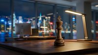 Golden chess piece standing on wooden desk with blurred city skyline at night through windows, symbolizing strategy, leadership, and business success for corporate concepts.