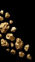 Golden nuggets scattered on black background for luxury design and mining industry concepts.