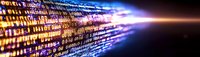 Digital binary code streaming on dark background with glowing light effect and motion blur, representing data flow and technology advancement in modern computing.