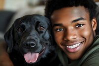 Young African American man with bright smile and black Labrador retriever dog posing together in close-up portrait showing friendship and companionship.