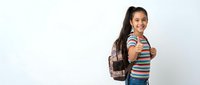 Happy young Hispanic female student with backpack giving thumbs up gesture on white background, isolated for education and school designs.