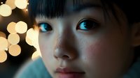 Young Asian woman with freckles gazing upward, illuminated by soft bokeh lights in background creating dreamy atmospheric portrait with teal color tones.