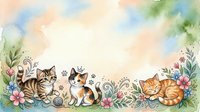 Adorable watercolor kittens playing in spring garden with flowers and plants, soft pastel colors for nursery decor and children's designs.