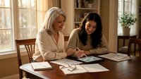Two women collaborating on financial planning at home office desk with calculator and documents in warm natural lighting.