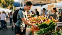 Young Caucasian man with backpack shopping for fresh organic vegetables at outdoor farmers market during golden hour sunset.
