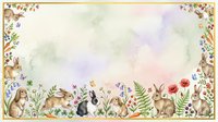 Watercolor woodland animals border frame with rabbits, squirrels and forest creatures on pastel background for nursery decor and children designs.