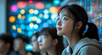 Young Asian woman in glasses and hoodie gazing upward with wonder against blurred colorful bokeh lights background, capturing contemplative moment in modern urban setting.