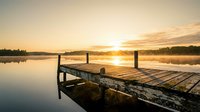 Wooden dock extending into calm lake at sunrise with golden light reflecting on still water and forested shoreline in background, suitable for nature, travel, and wellness design projects.