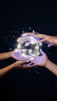Hands protecting glowing digital globe with network connections representing global communication, teamwork, data protection and cyber security concepts.