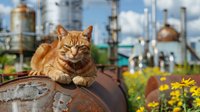 Ginger cat resting on rusty industrial pipe near oil refinery with yellow wildflowers in foreground, industrial towers and blue cloudy sky in background.