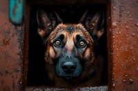 Close-up portrait of German Shepherd dog with intense blue eyes peering through rusty window or opening, dramatic lighting highlights facial features and expression.