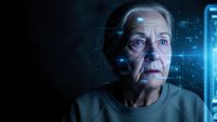 Senior Caucasian man with facial recognition technology overlay in futuristic digital interface for cybersecurity and biometric identification concepts.